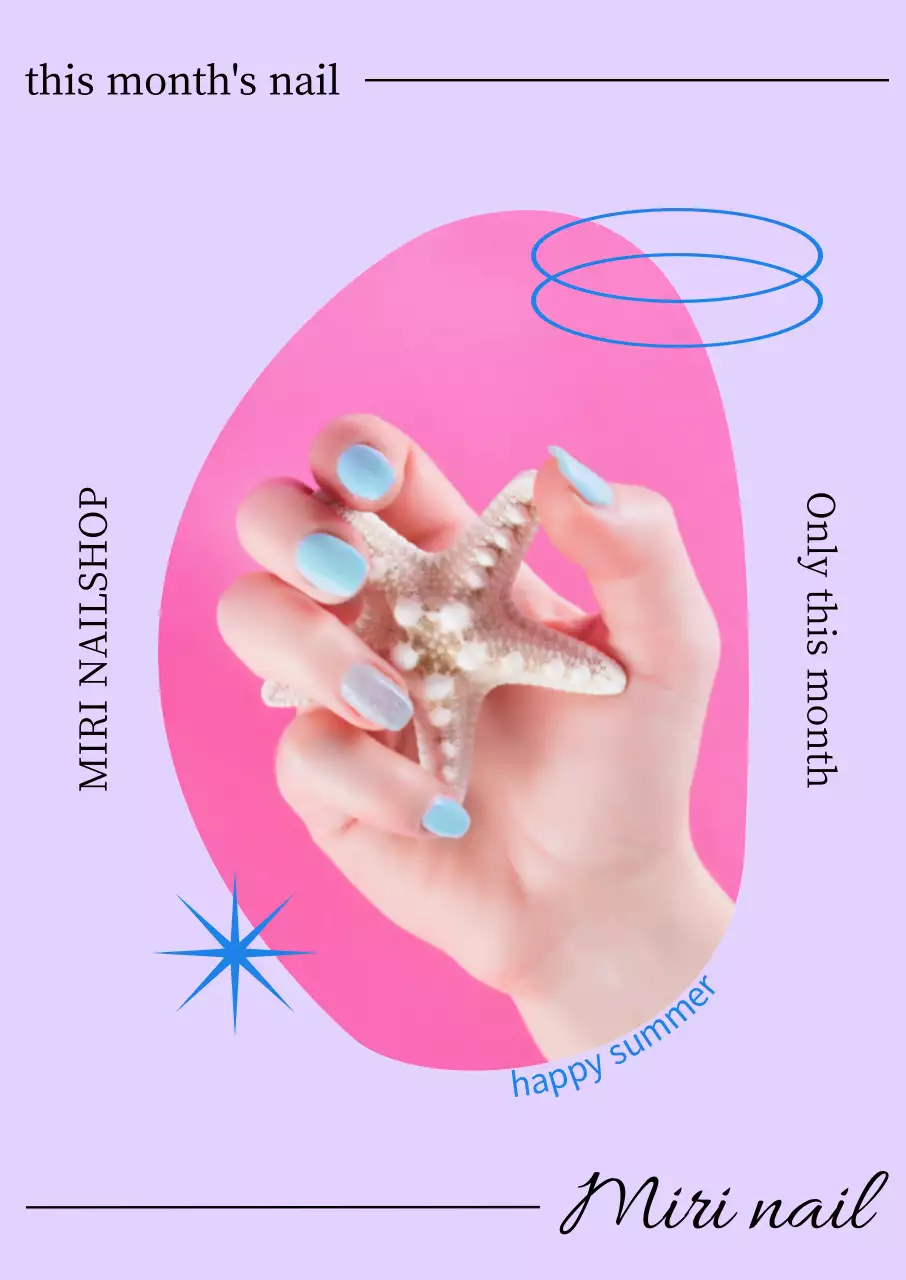 Nail of the Month poster with blue shapes on a purple background