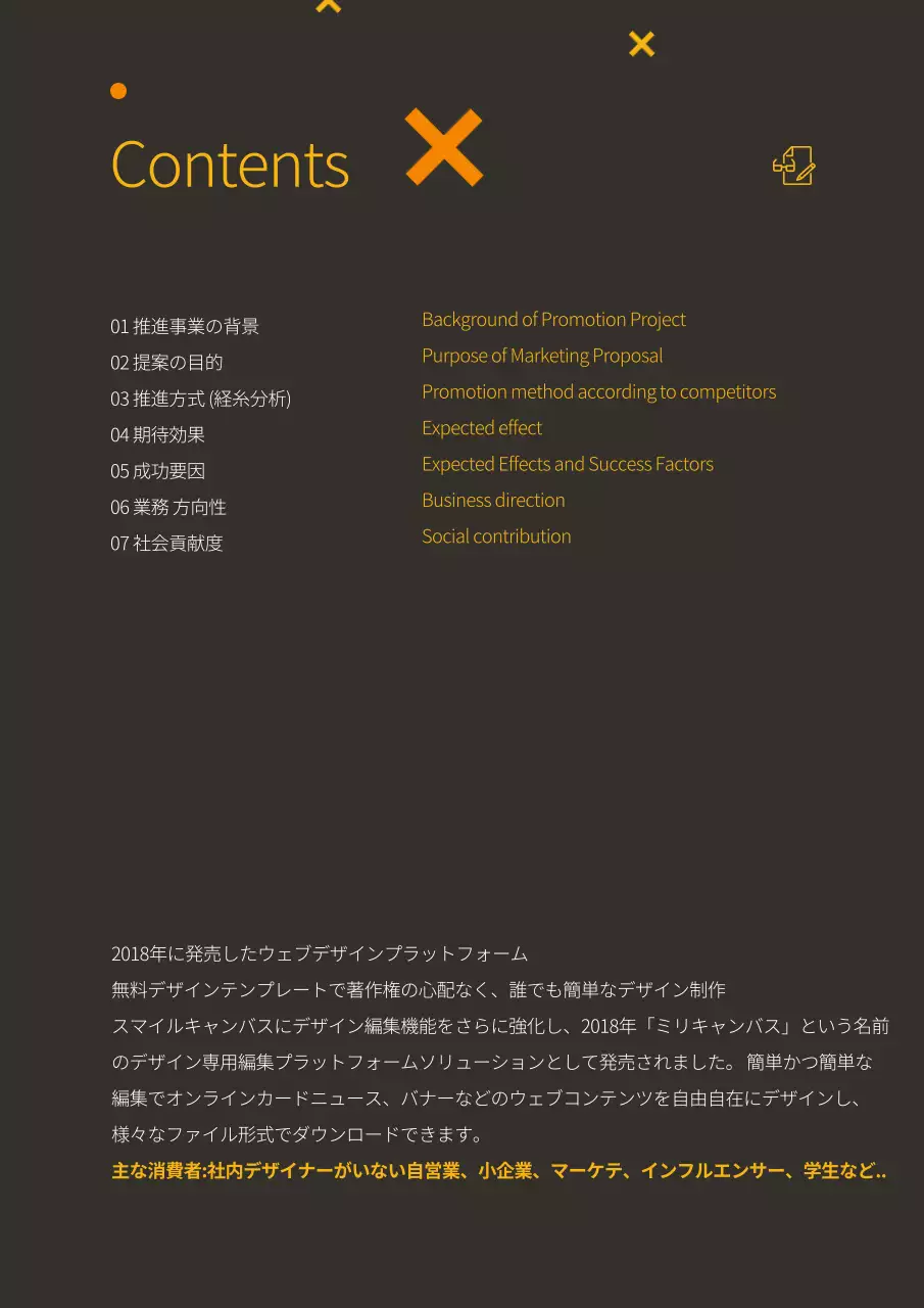 オレンジ シンプル マーケティング 企画書 文書フォーム