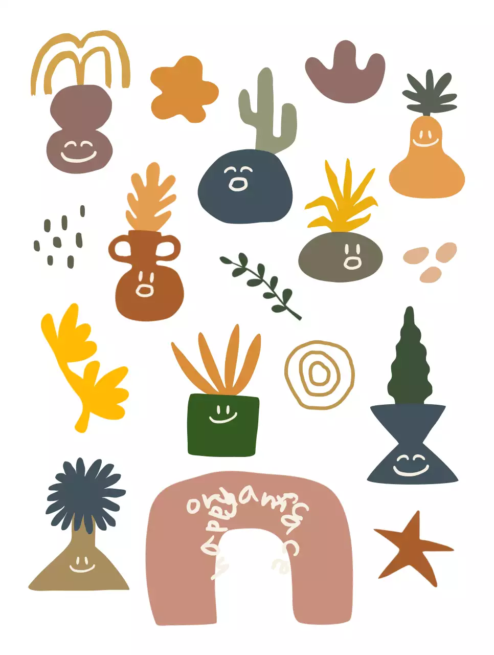 Organic minimalist potted characters and shapes with various expressions in muted colors.