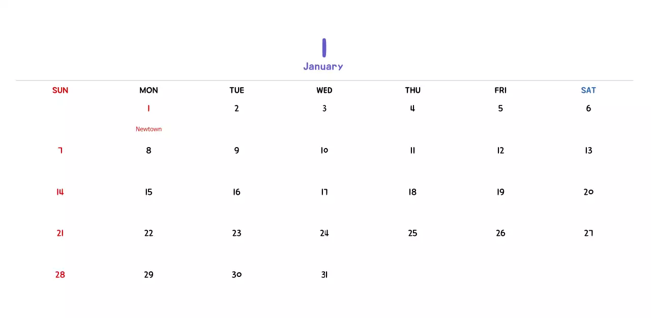 New Year's calendar with cute line illustrations