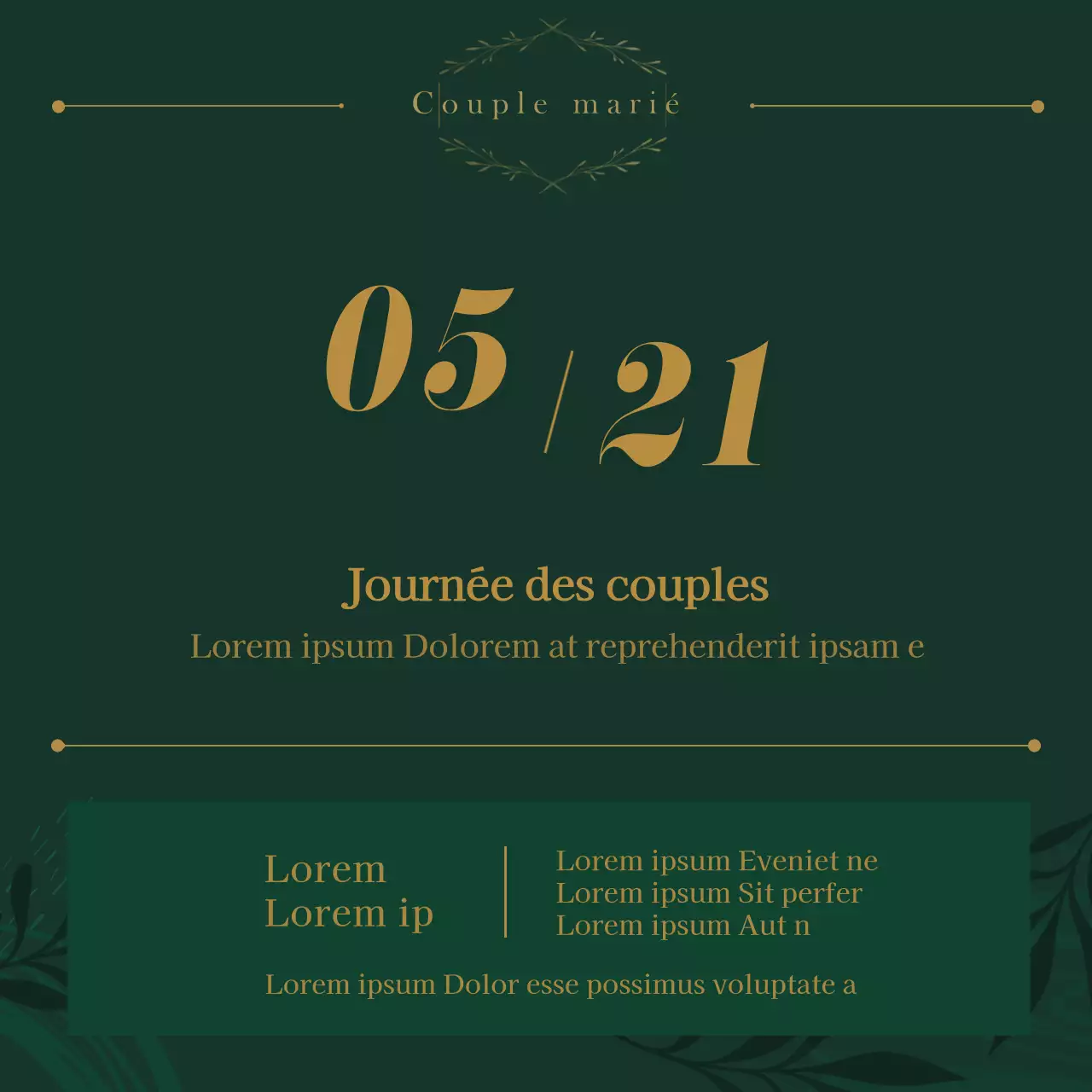 Célébration de la journée des couples de Green and Gold Événement et promotion de la clinique de conseil aux couples (carrés de médias sociaux)