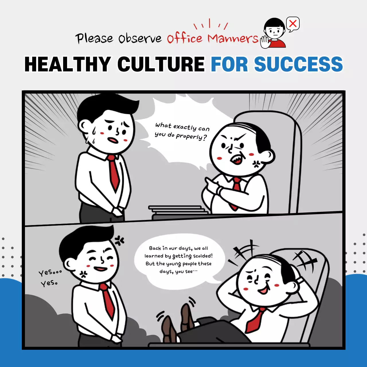 Office etiquette and healthy organizational culture with a blue and gray webtoon concept