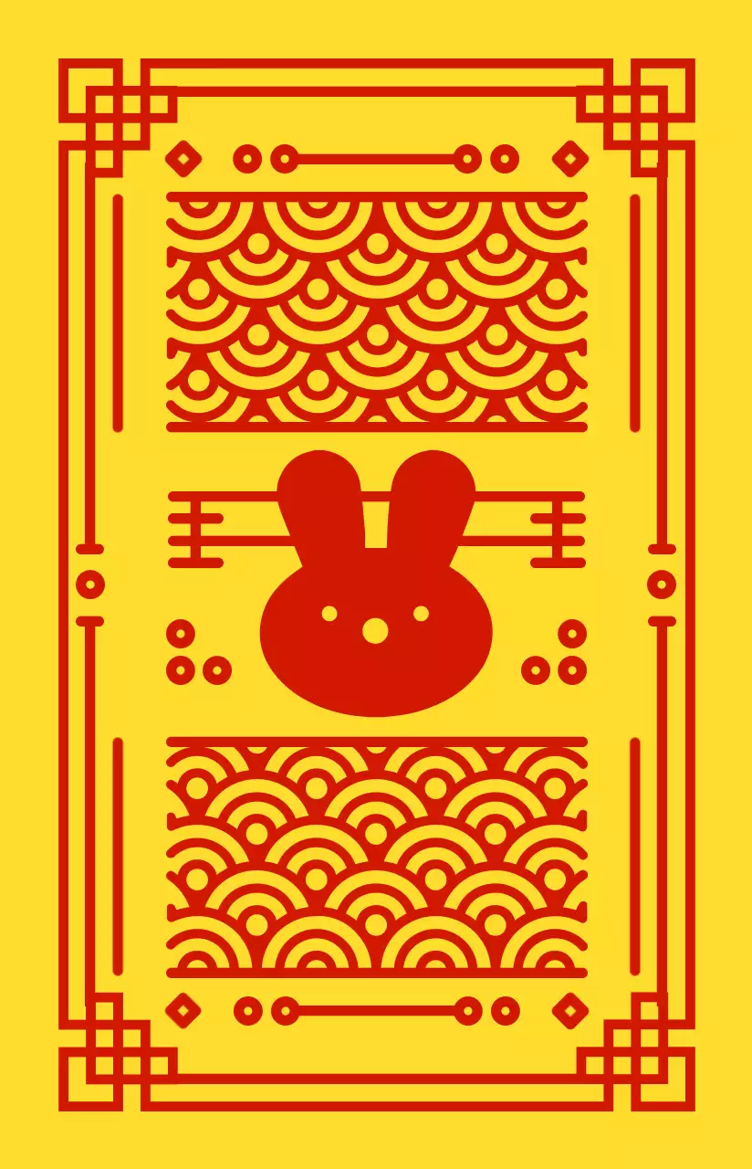 For amulet-style personalized merchandise with a red and yellow traditional Korean pattern frame and a cute bunny character.