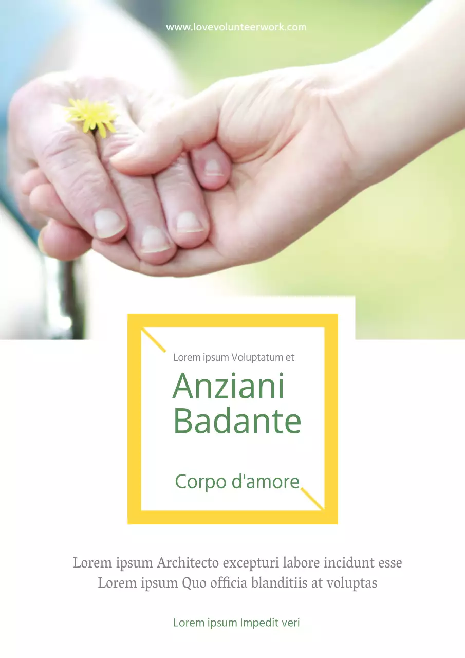 Volantino semplice giallo e bianco per il reclutamento di volontari per l'assistenza agli anziani