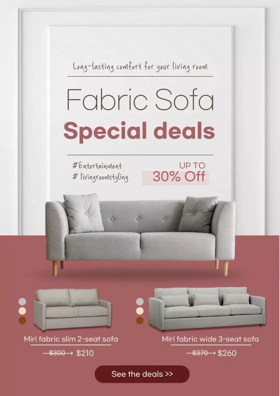 Web poster promoting a sale on a modern sofa in pink.