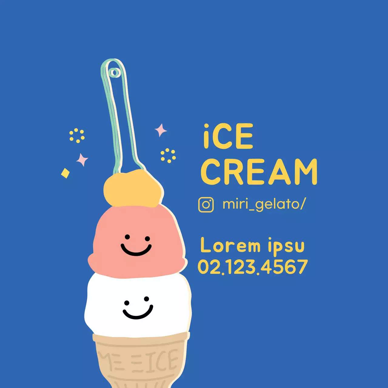 Ilustrasi biru promosi pengiriman kemasan kafe es krim yang lucu
