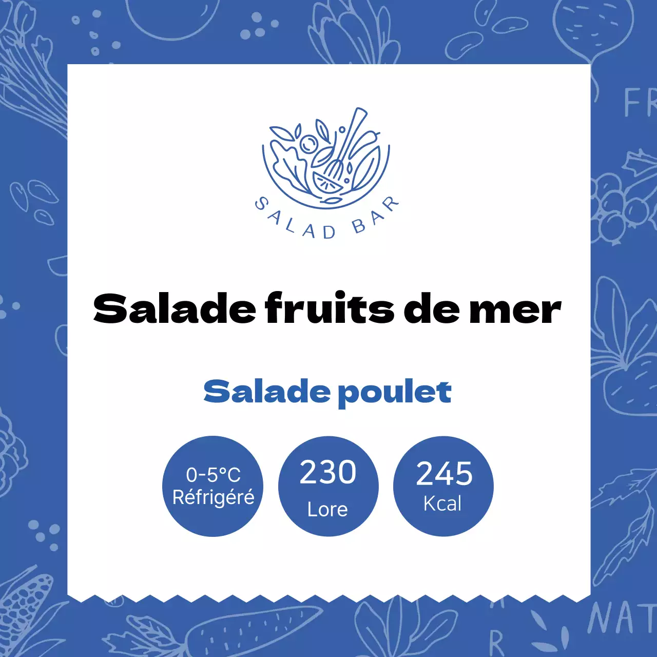 Étiquette de salade de fruits de mer à motifs bleus