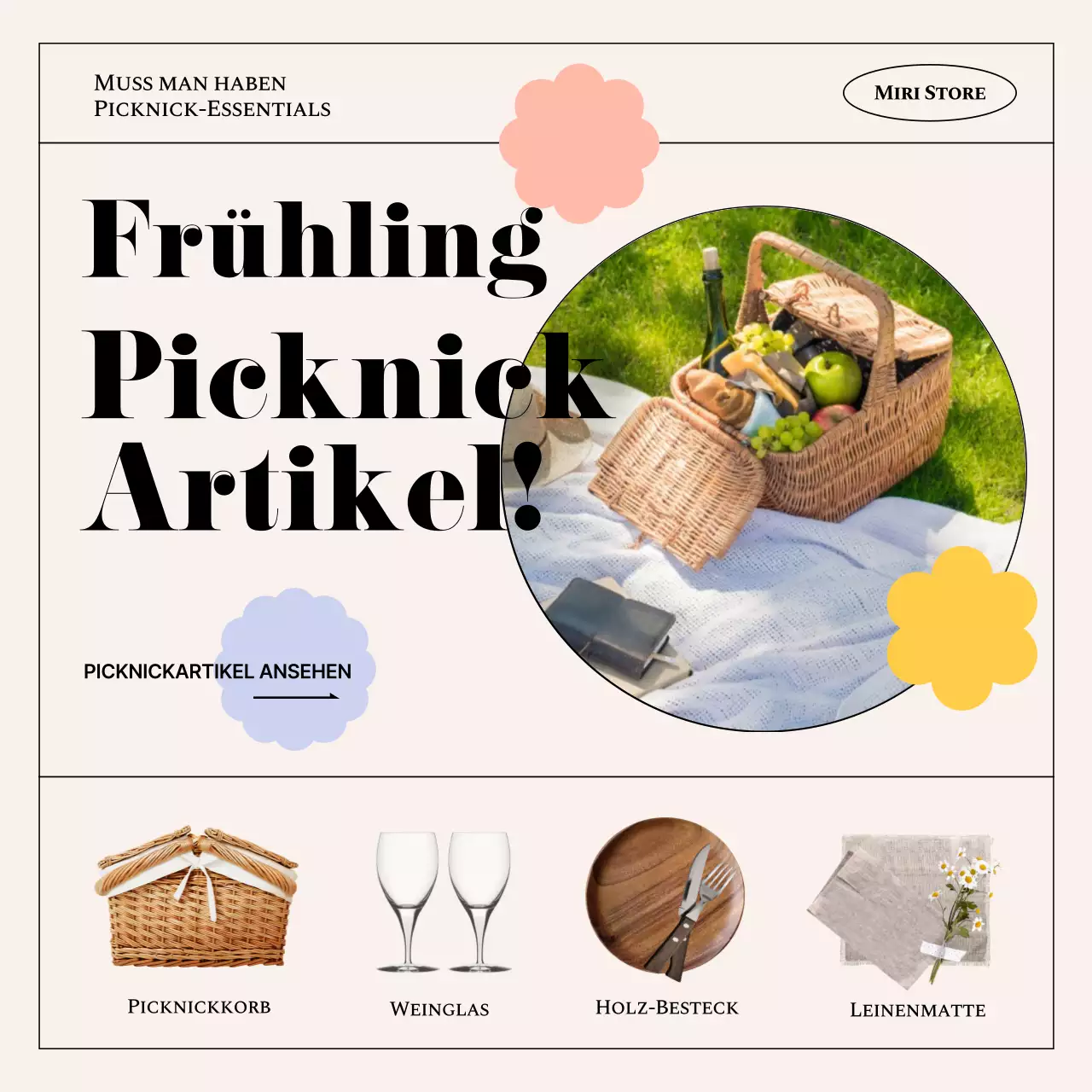 Eine Kollektion frühlingshafter Picknick-Sets, die durch Pastellfarben und Rahmen hervorgehoben werden