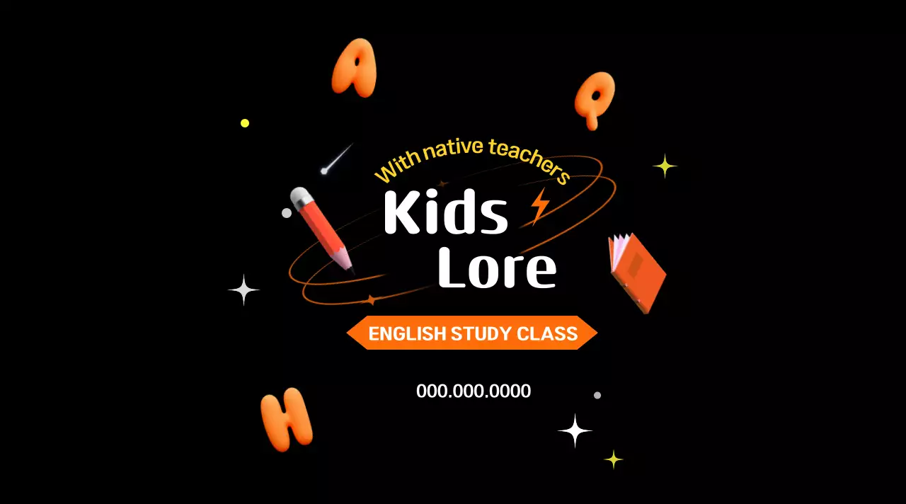 Kelas bahasa Inggris anak-anak dengan skema warna oranye dan hitam yang menarik