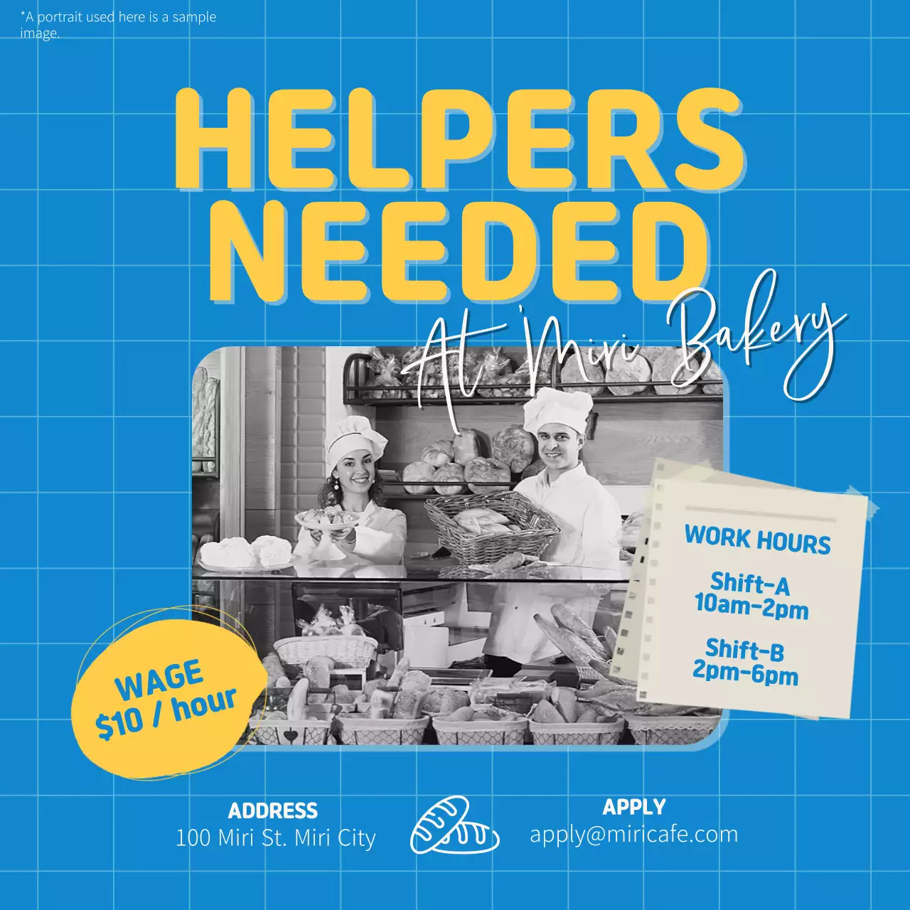 Recruitment ad with blue background and yellow text points