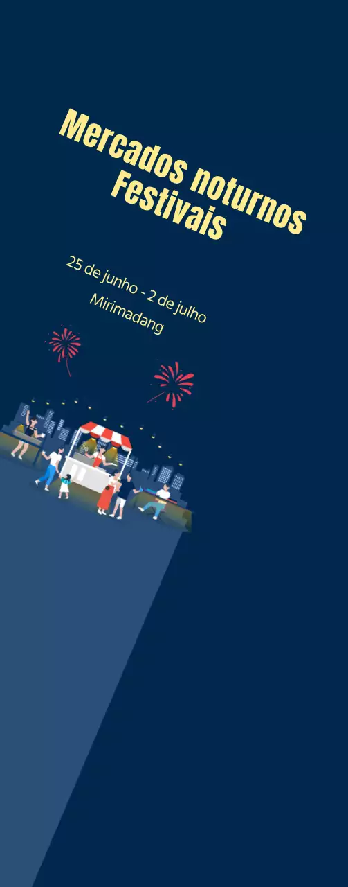 Promoção do festival do mercado noturno com fogo de artifício num fundo azul-marinho Médio