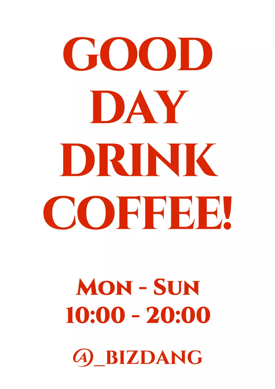 赤のカフェ関連の文言と営業時間があるカフェのデザイン。