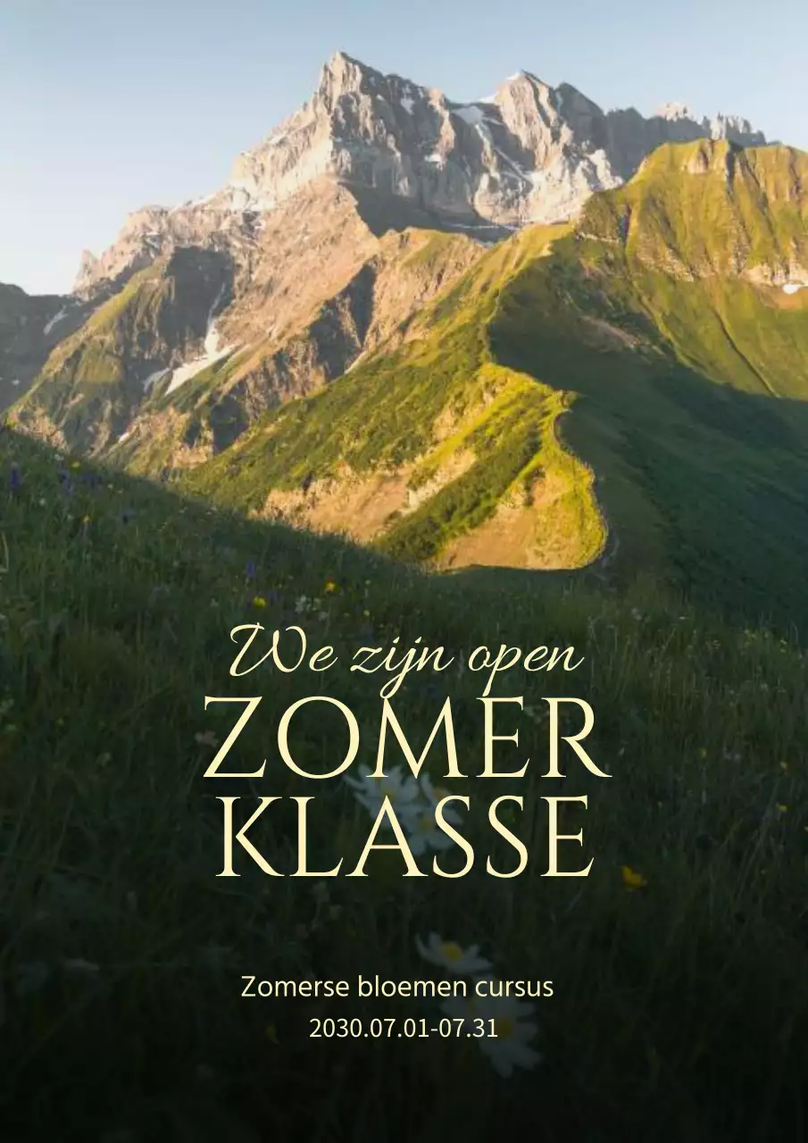 Bloemenles van een dag in een klassiek groen en geel landschap met bergen en velden