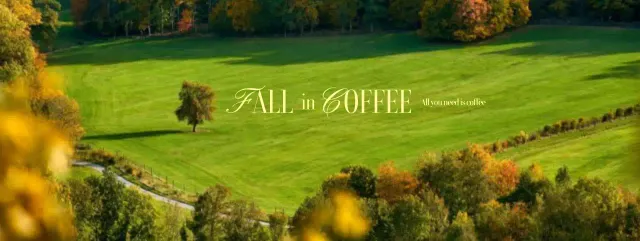 A cafe with a fall-inspired mountain field and foliage background with a trendy font layout.