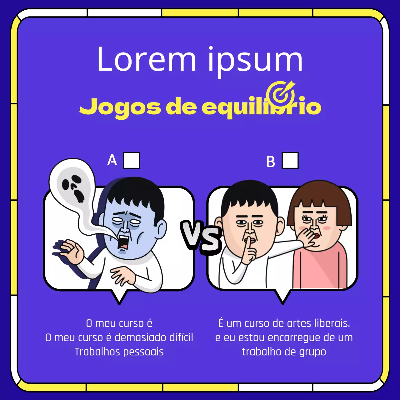 Modelo do jogo do equilíbrio da vida universitária em roxo e amarelo