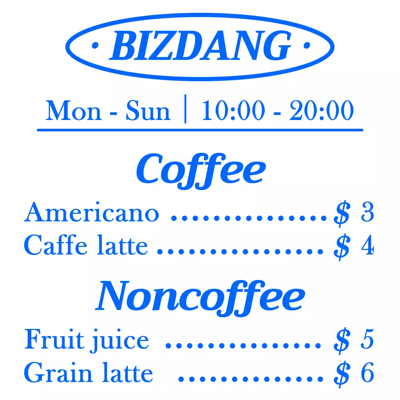 Simple, clean text-aligned layout style in blue and white for a cafe menu board for information and promotion