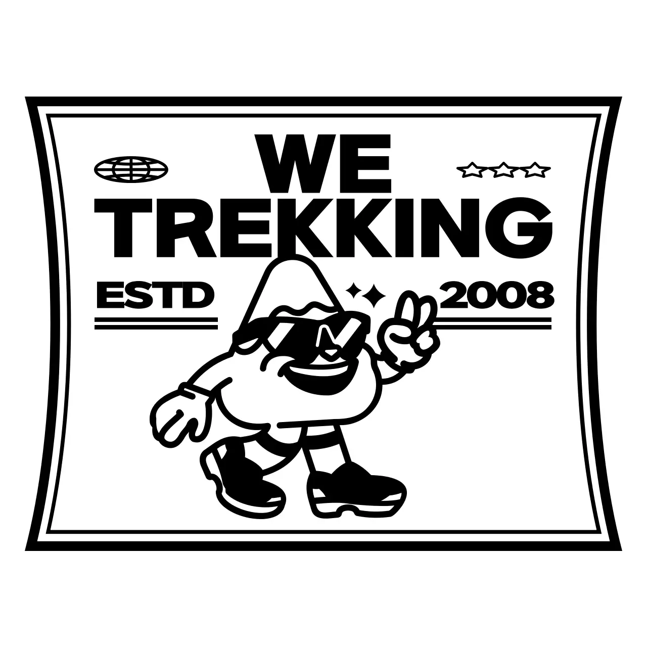 Cute and hip mountain character and text combination logo style in black and white for mountain club promotion and merchandise.