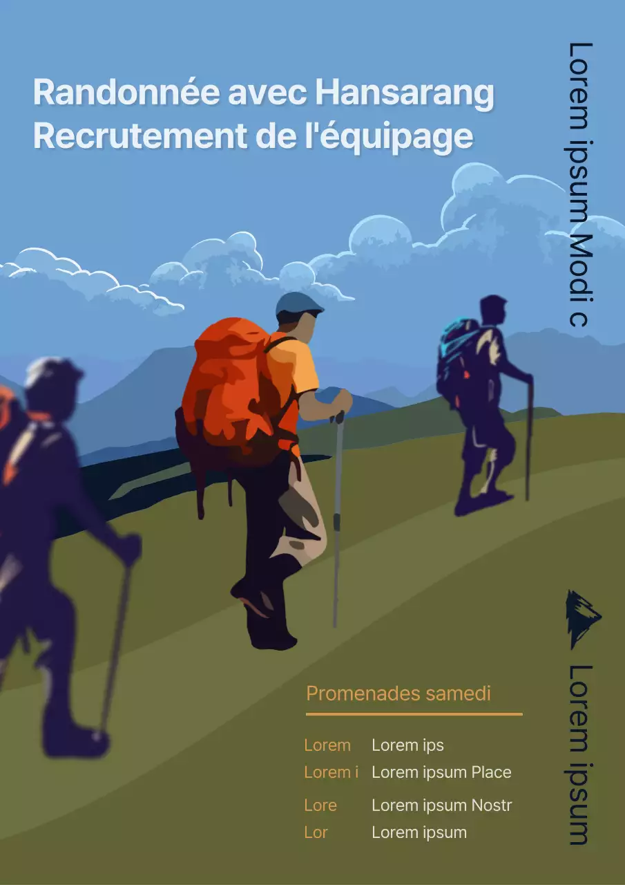 Recrutement d'une équipe de randonneurs avec des illustrations bleues et vertes