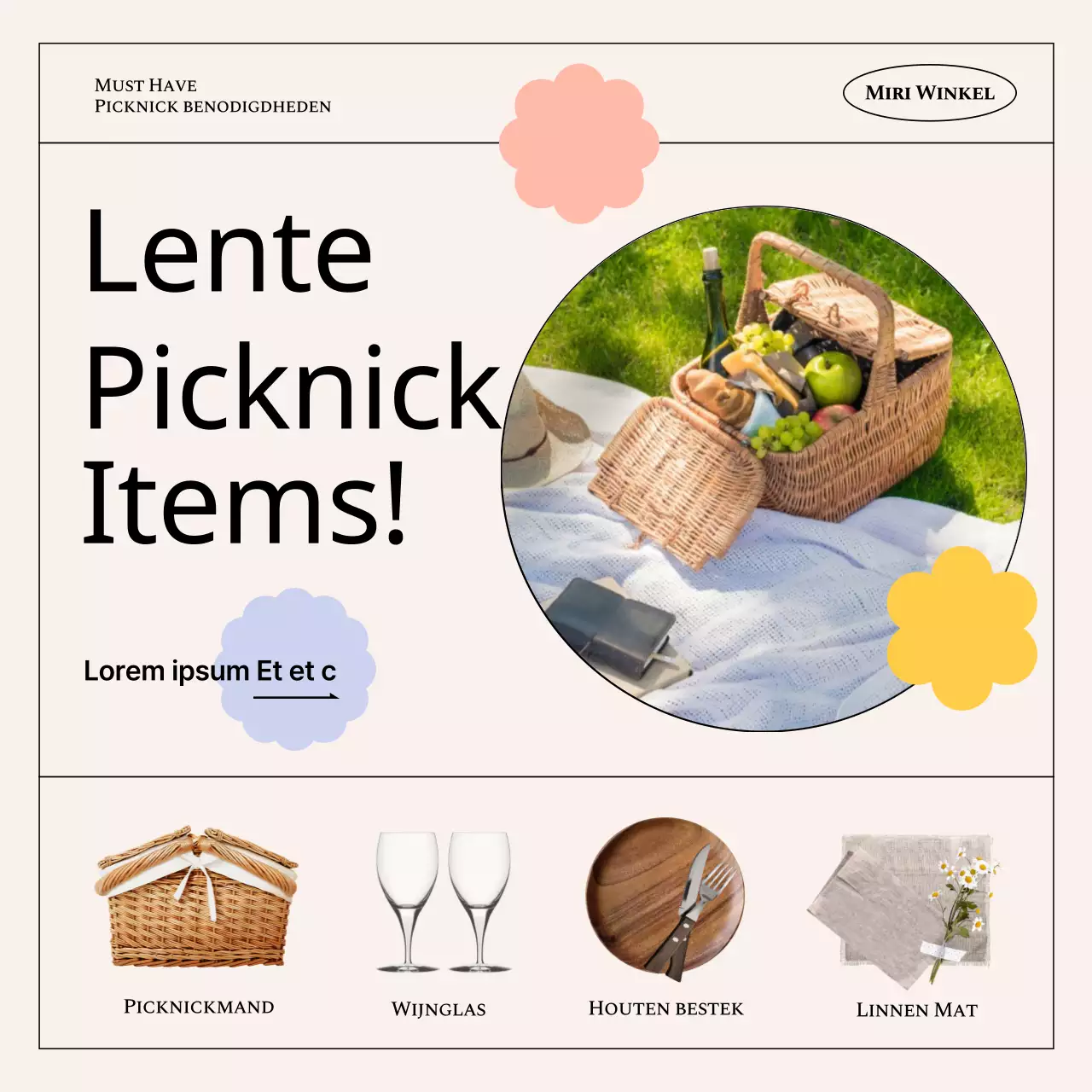 Een collectie lentepicknicksets met pastelkleuren en kaders