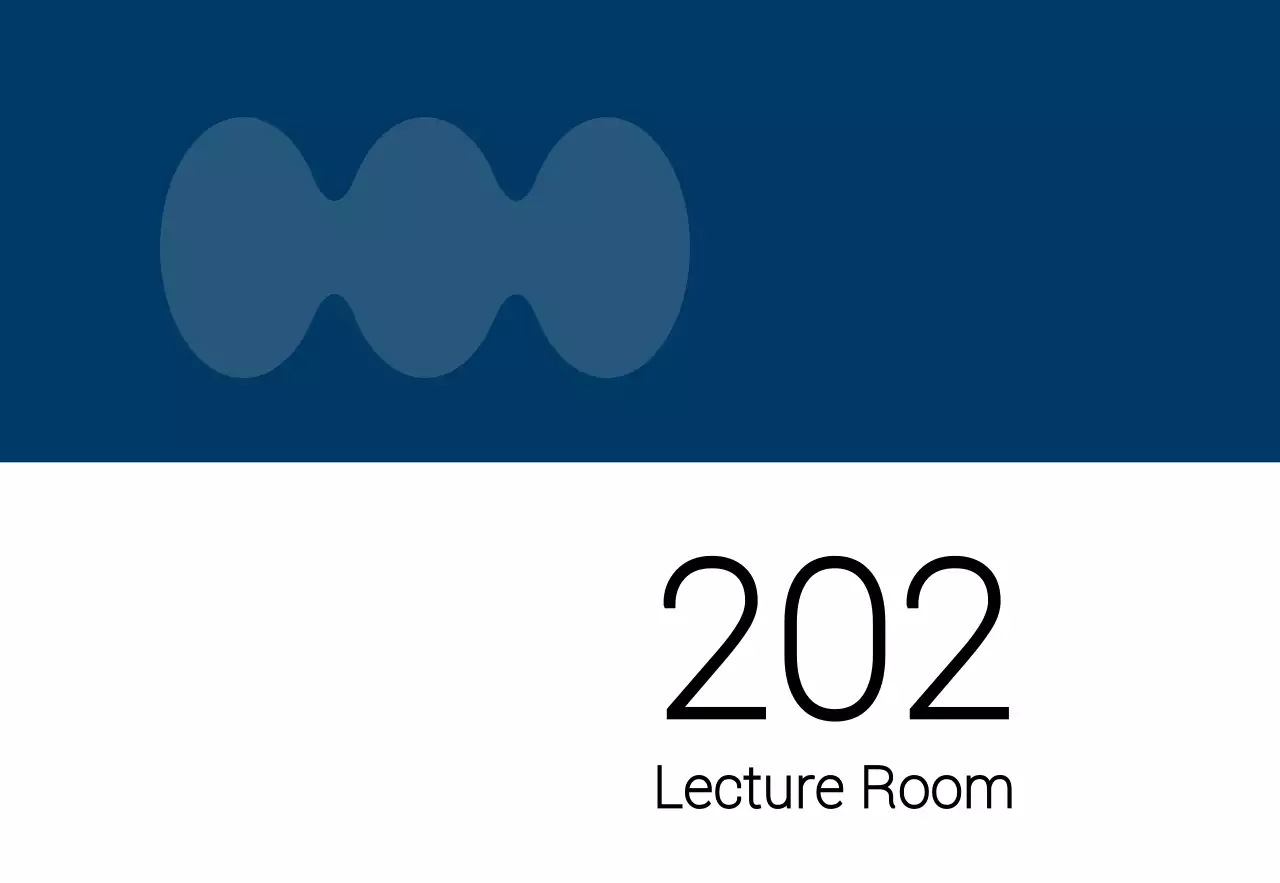青と黒のシンプルな図形がポイントの大学教室名のご案内