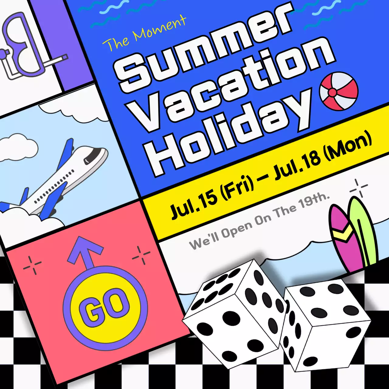 A guide to summer vacation closures with pops of black and blue