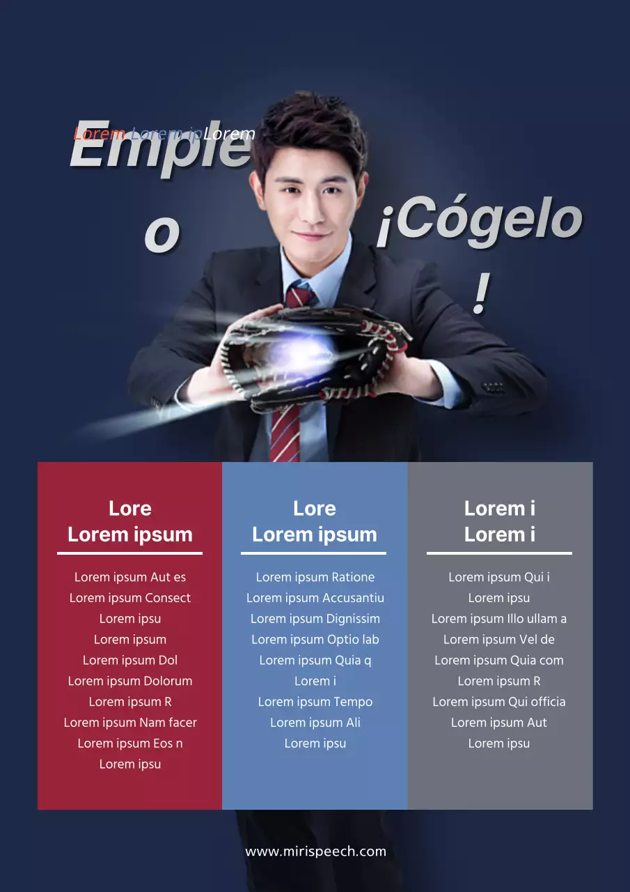 Promoción de una agencia de colocación con la imagen de un hombre que sostiene una pelota azul marino.