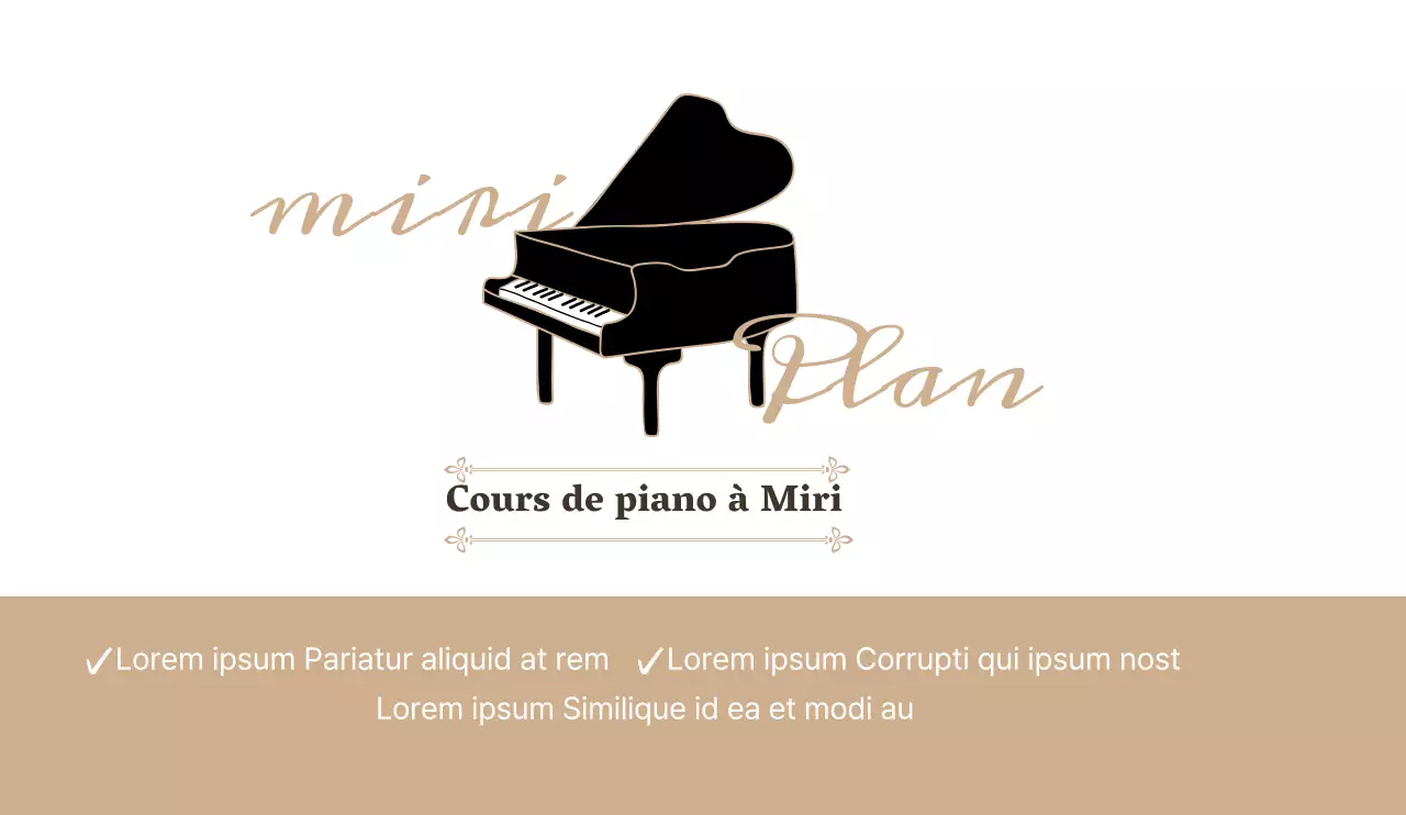 Conception promotionnelle simple et épurée d'une école de piano et d'instruments, dans des tons beiges à l'atmosphère apaisante.