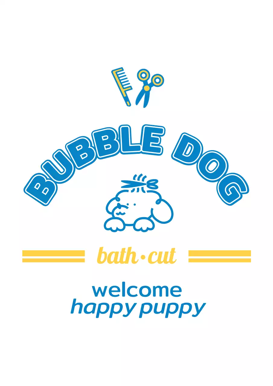 青と黄色のかわいい子犬のキャラクターがいる愛犬美容室