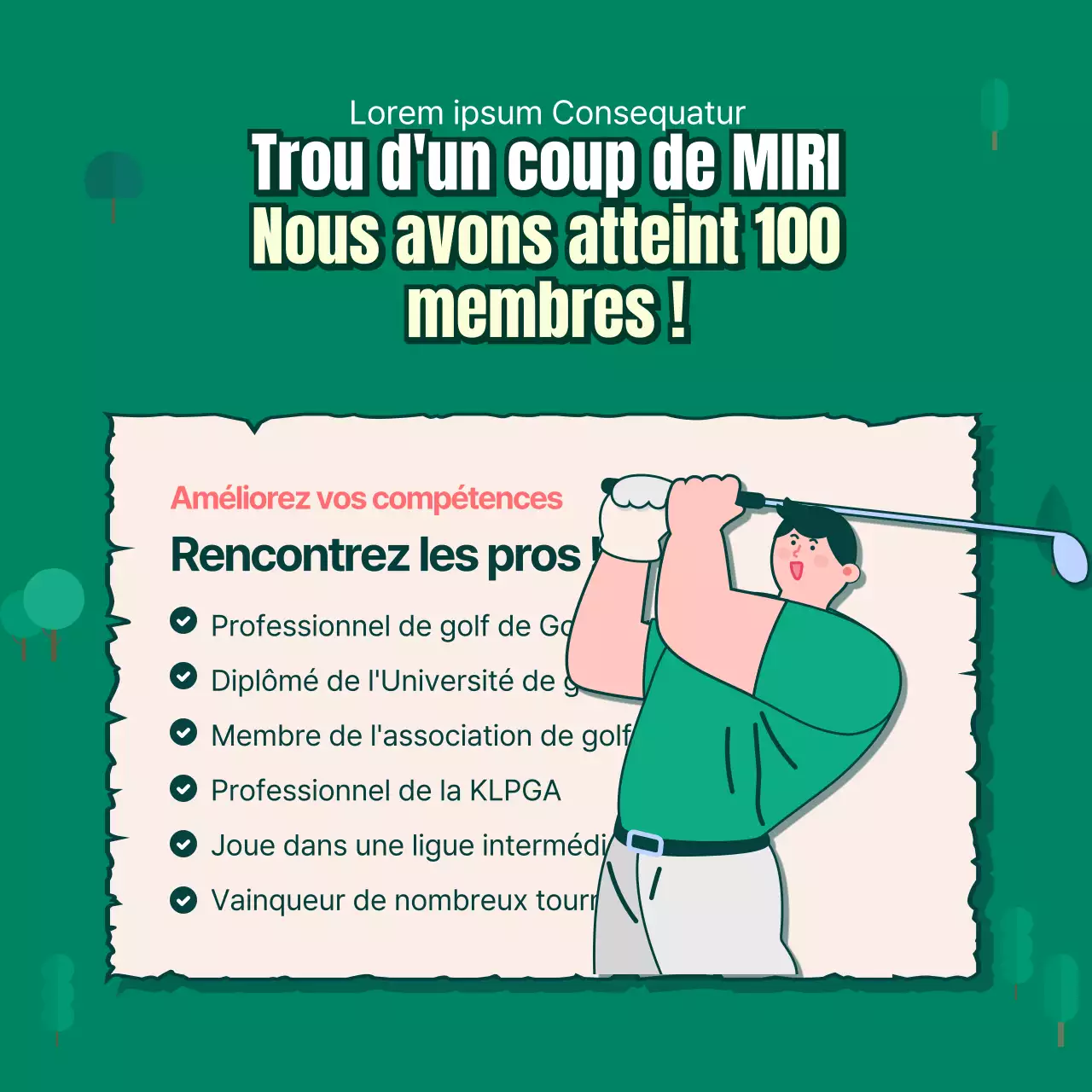 Club de golf d'une entreprise sur fond vert CardNews