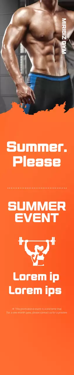 Spanduk promosi untuk acara pembukaan gym dengan latar belakang oranye