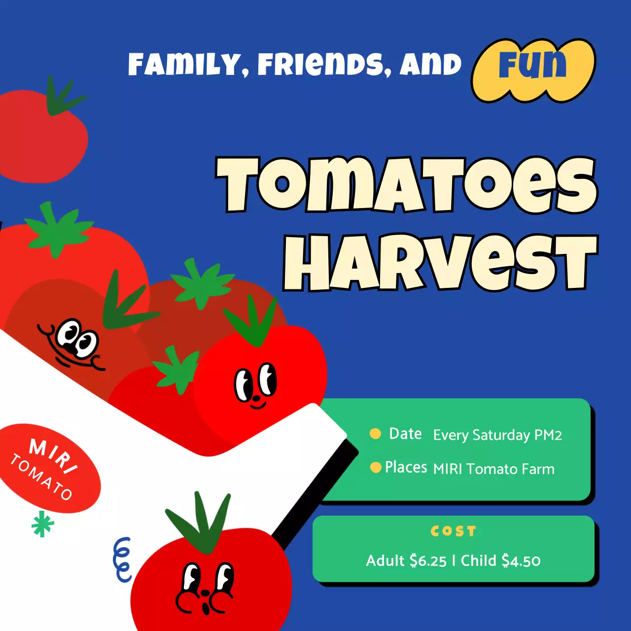 Red tomato harvest information on a blue background with cute illustrations