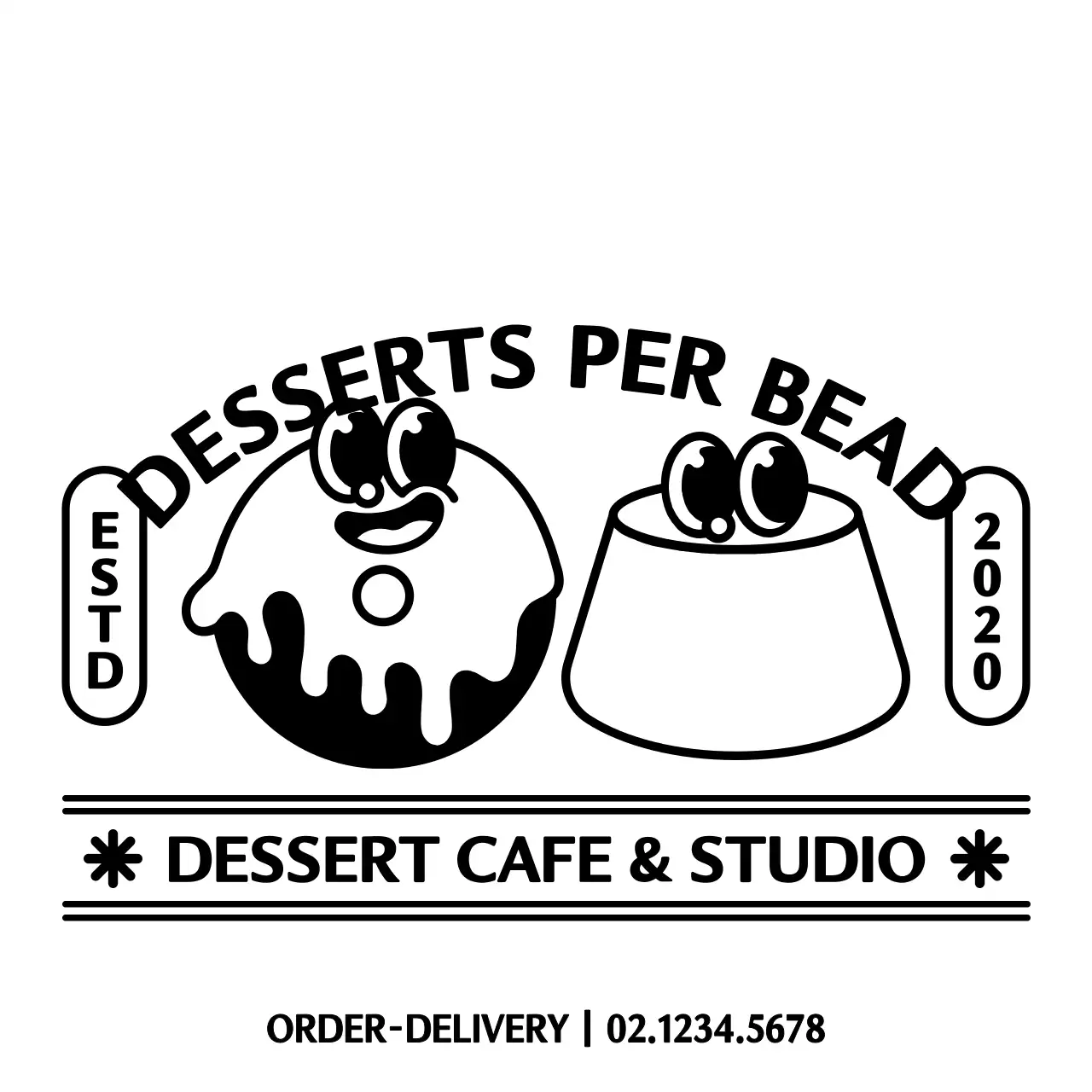 Promote and inform a dessert shop with a logo featuring cute and hip donut and pudding characters.