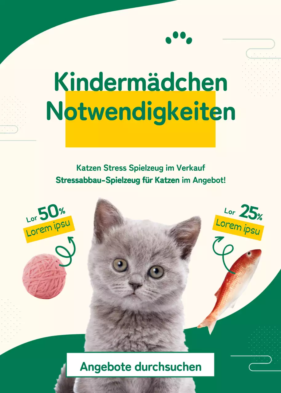 Niedliches grünes und gelbes Katzenspielzeug Veranstaltungsankündigung