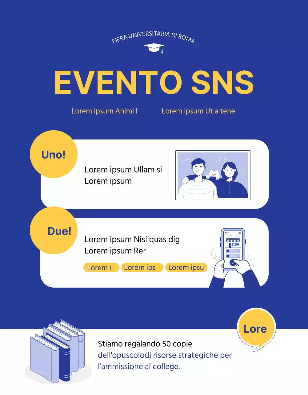 Illustrazione blu e gialla di una fiera di ammissione al college