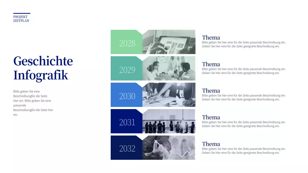 Historischer Zeitstrahl mit blauen und grünen Fotohighlights