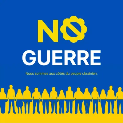 Message anti-guerre avec une illustration jaune et bleue en exergue
