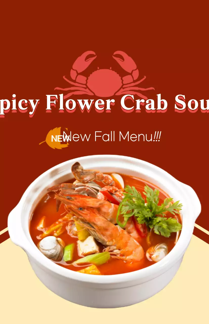 Uma peça promocional para um novo menu de outono com texto e ilustrações para um prato com caranguejos azuis.