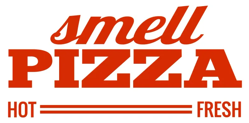 Teks modern sederhana berwarna merah dan putih dengan gaya logo yang disorot untuk mempromosikan restoran pizza