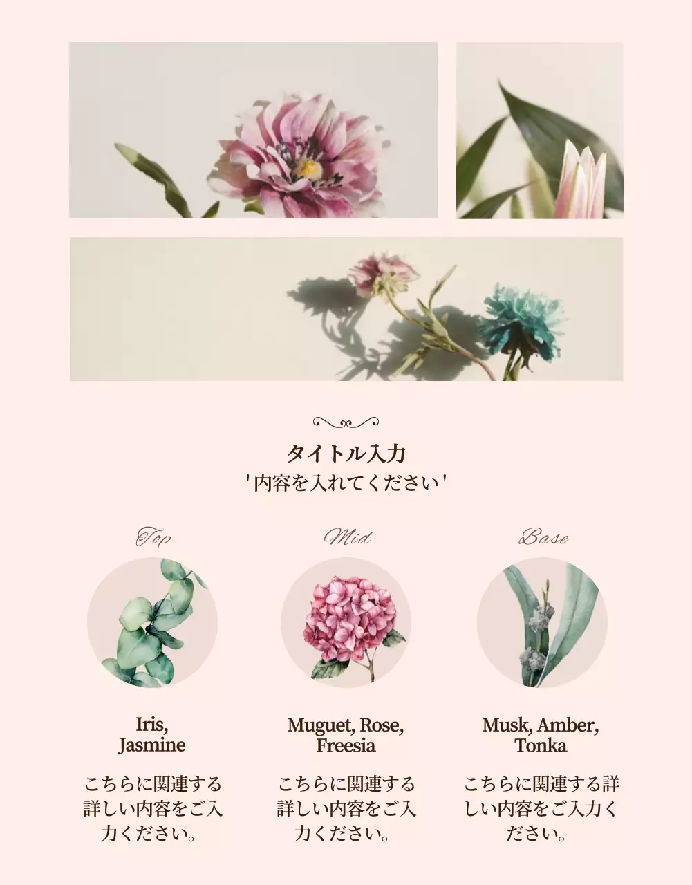 ベージュ 上品 香水 パンフレット 詳細ページ