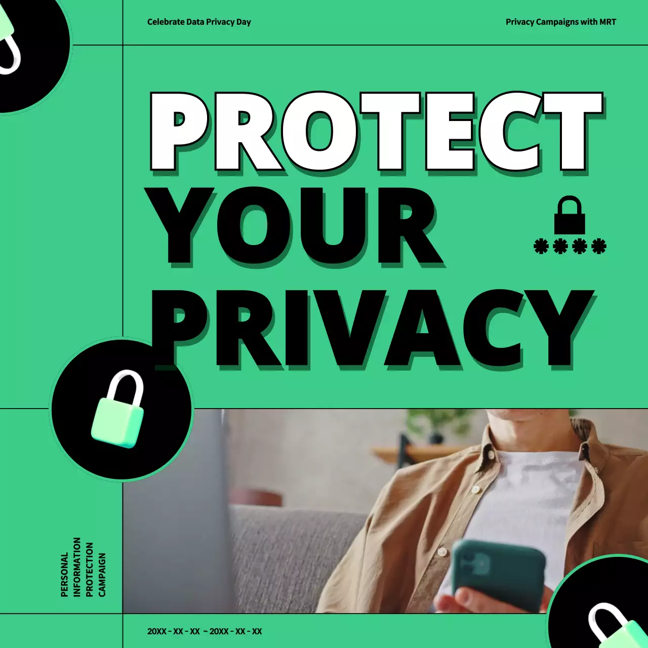 A privacy campaign with a mint-colored background and readable white and black gothic.