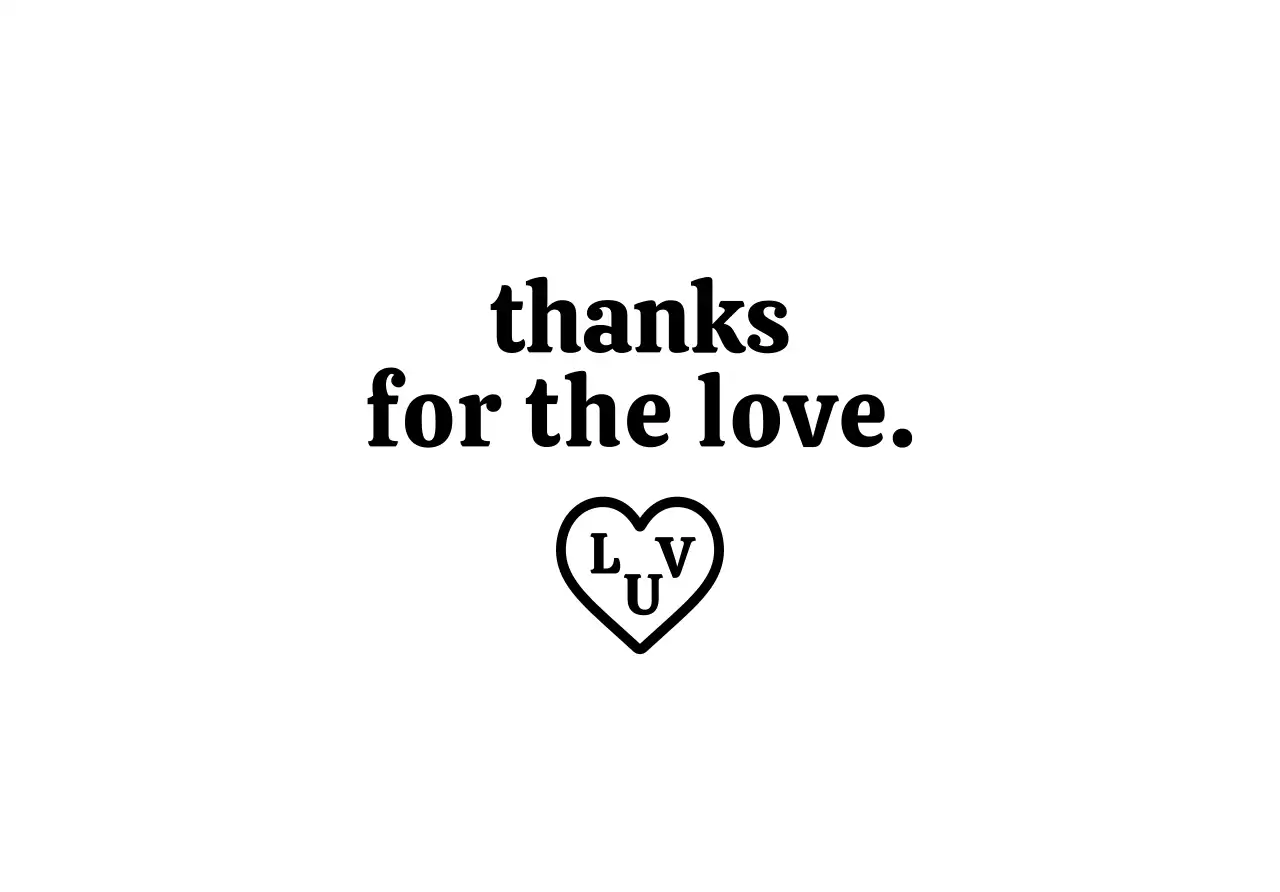 A simple, branded thank you envelope with black text and a heart-shaped illustration.