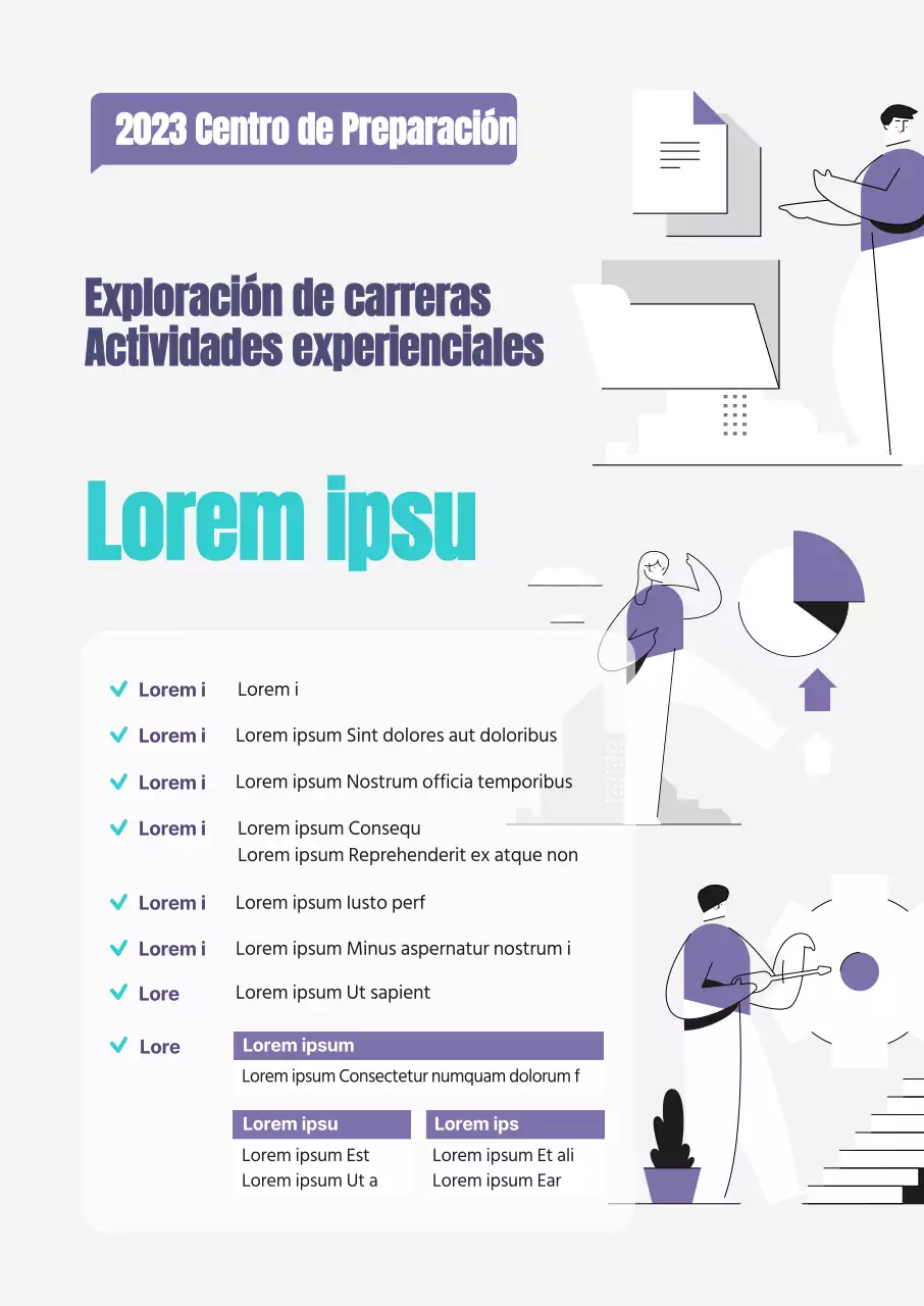 Una guía de contratación de actividades ilustrada, limpia y de color púrpura y menta.