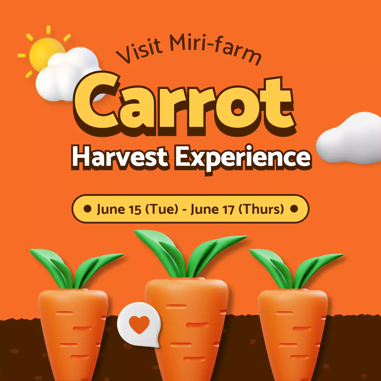 주황색과 노란색의 귀여운 컨셉의 당근 수확 체험 홍보