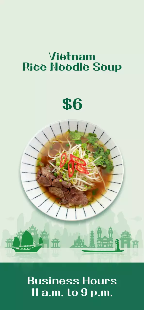 Promote a clean menu with an image of rice noodles in green accent color