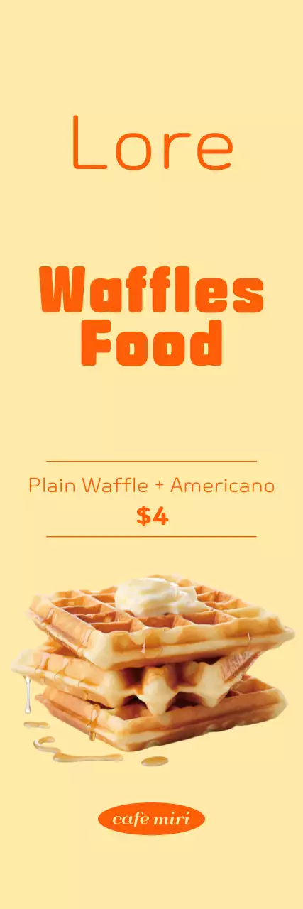 Promover um menu de waffles simples com toques de laranja num fundo amarelo
