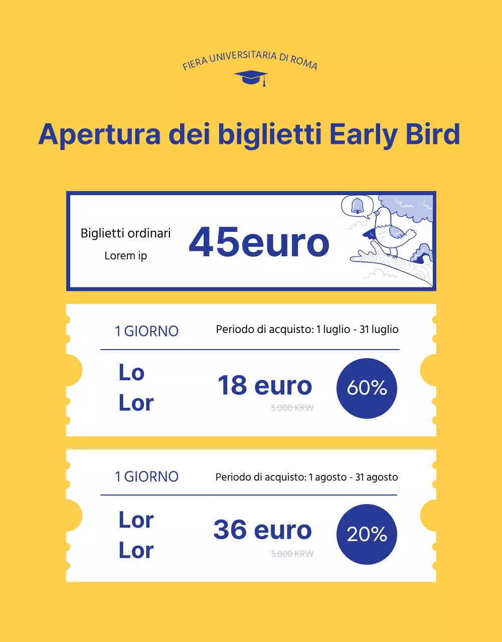 Illustrazione blu e gialla di una fiera di ammissione al college