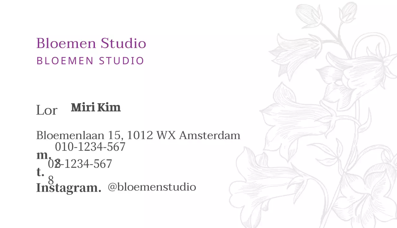 Paars geïllustreerd bloemenstudio visitekaartje