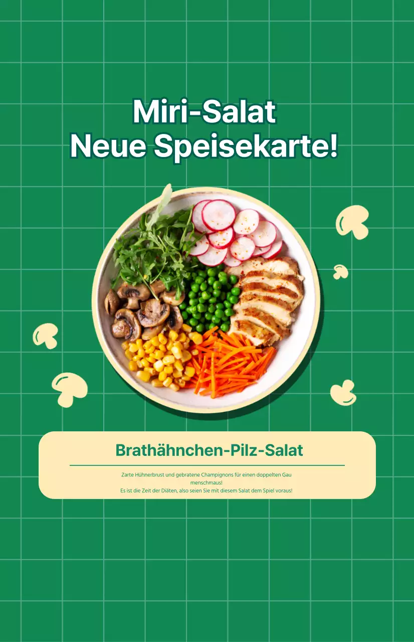 Werbung für ein neues Salatmenü mit grün kariertem Hintergrund