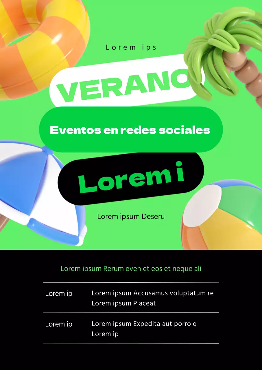 Promoción en redes sociales con una imagen veraniega en 3D sobre fondo chartreuse