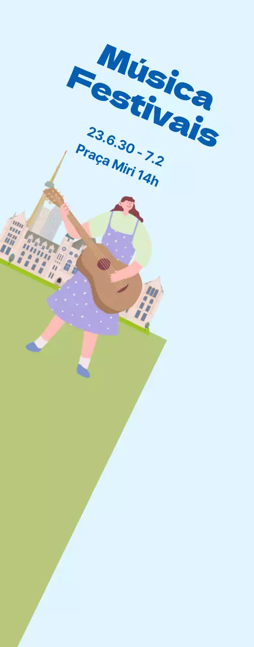 Meio de promoção de festival de música sobre fundo azul claro e relva verde